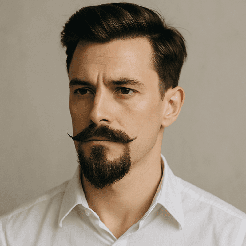 Imagine cu un bărbat având față triunghiulară inversată și barbă Van Dyke, compusă din mustață stilizată și barbă ascuțită pe bărbie.