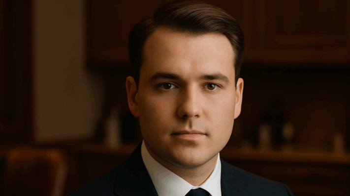 Bărbat cu față ovală, îmbrăcat în costum elegant, stând într-un barbershop clasic cu mobilier din lemn – reprezentând stilul ideal de grooming masculin pentru forma ovală a feței