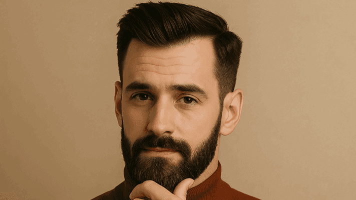 Barbat cu fata alungita cu tunsoare side part si barba plina