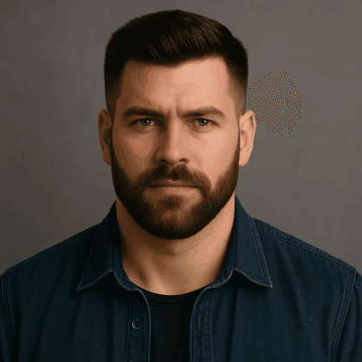 Portret al unui bărbat cu față pătrată și barbă plină bine conturată – exemplu de stil masculin echilibrat pentru articolul despre tunsori și barbă în funcție de forma feței.