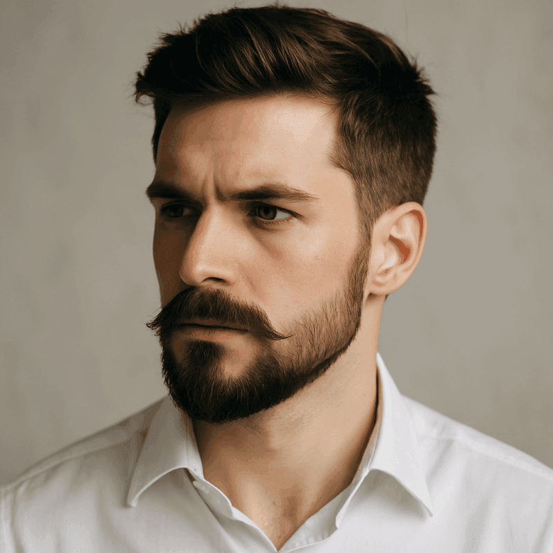 Portret al unui bărbat cu față triunghiulară purtând barbă de tip ancoră, care definește mandibula și creează un look sofisticat.