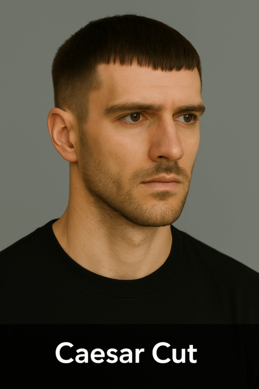 Caesar Cut pentru față alungită – tunsoare scurtă cu breton drept, inspirată din stilul roman